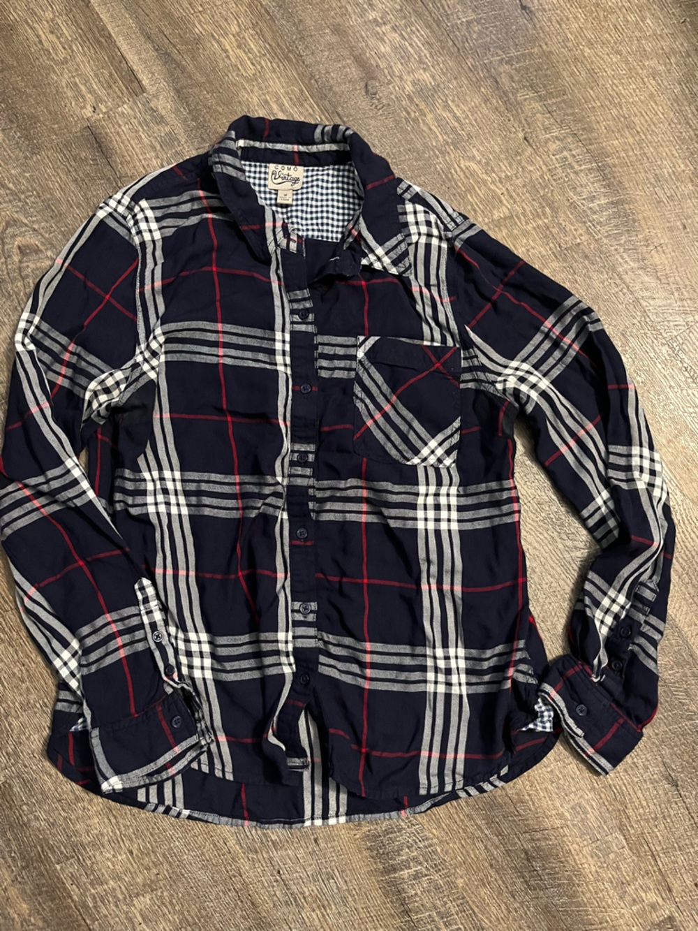 Como Vintage Navy Plaid Shirt with White & Red Accents